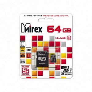 Micro SDXC карта памяти 64ГБ Mirex Class 10 с адаптером (13613-AD10SD64)