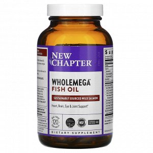 New Chapter, Wholemega, цельный рыбий жир из дикого аляскинского лосося первого отжима, 1000 мг, 120 мягких таблеток