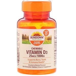 Sundown Naturals, Жевательный витамин D3 со вкусом клубники и банана, 25 мг (1000 МЕ), 120 жевательных таб.