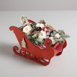 Кашпо новогоднее "Сани", с декором ёлка, красный, 23 х 10 х 14 см
