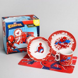 Набор посуды «Человек-паук», 4 предмета: тарелка ? 16,5 см, миска ? 14 см, кружка 200 мл, коврик в подарочной упаковке, Человек-паук