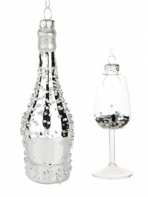 Украшение бутылка и бокал набор 2 шт 4,5 х 14.5 х 4,5/4 х 11 х см 4 стекло цвет серебро новый год
