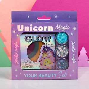 Набор: радужный хайлайтер и 3 баночки глиттера для лица и тела "Unicorn Magic"