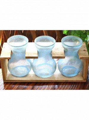 Набор 3 вазы в деревянной раме Синий иней 14,5 х 29,5 см