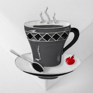 Брошь "Чашка чая", цвет серо-чёрный в серебре