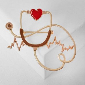 Брошь "Стетоскоп" кардиограмма, цвет красно-коричневый в золоте