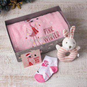 Набор подарочный "Крошка Я" Pink winter плед 85х100 см, игрушка, носки 9-12мес