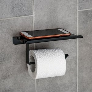 Держатель для туалетной бумаги, с полочкой для телефона, цвет чёрный