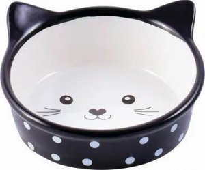 КерамикАрт миска керамическая для кошек 250 мл Мордочка кошки черная в горошек