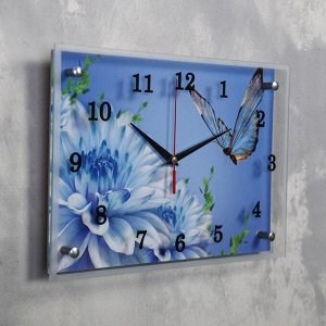 Часы настенные, серия: Цветы, "Голубые цветы и бабочка", 25х35 см