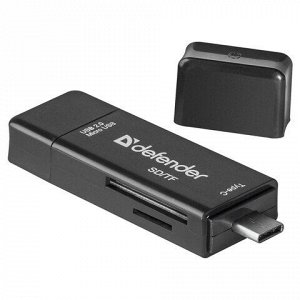 Картридер DEFENDER Multi Stick, USB 2.0, microUSB, Type-C, порты SD, micro SD, черный, 83206