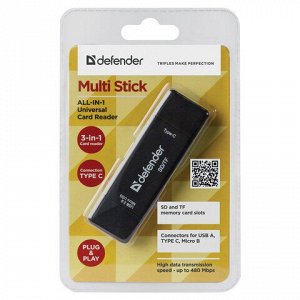 Картридер DEFENDER Multi Stick, USB 2.0, microUSB, Type-C, порты SD, micro SD, черный, 83206