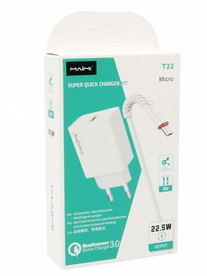 Сетевой адаптер питания Maimi T22 1USB 22.5W + кабель Micro QC 3.0 (белый)