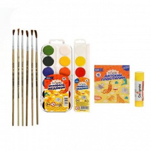 Набор для детского творчества №8 Calligrata (клей-карандаш, набор из 6 кистей, акварель 6 цветов и 12 цветов, пластилин 12 цветов)