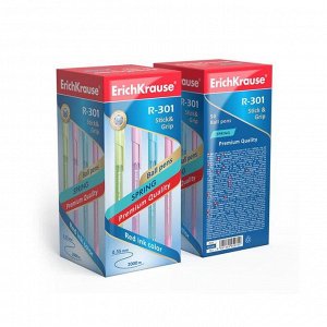 Ручка шариковая Erich Krause R-301 Spring Stick &amp; Grip, узел 0.7 мм, стержень синий, резиновый упор, длина линии письма 2000 метров, микс