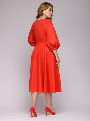 Платье красное длины миди с объемными рукавами