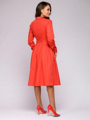Платье красное длины миди с отложным воротником