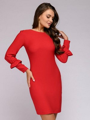 Платье-футляр красное длины мини с воланами на рукавах