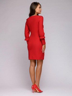 Платье-футляр красное длины мини с воланами на рукавах