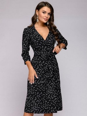 Платье черное в горошек с рукавами 3/4 и V-образным вырезом