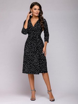 Платье черное в горошек с рукавами 3/4 и V-образным вырезом
