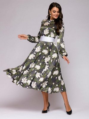 Платье длины миди серое с цветочным принтом и объемными рукавами