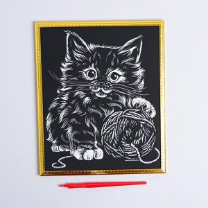 Гравюра в рамке «Котёнок с клубком» с металлическим эффектом «золото»