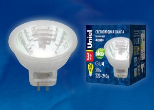 Лампа светодиодная, цоколь GU4, 220V. Прозрачная. Белый свет (4000K) LED-MR11-3W/NW/GU4/220V GLZ21TR