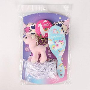 Подарочный набор «Лама», 4 предмета: открытка, зеркало, массажная расчёска, игрушка, цвет разноцветный