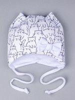 Шапка трикотажная для девочки с ушками на завязках, котята, бантик, белый