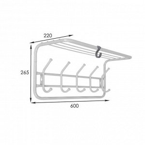 Вешалка настенная с полкой на 5 крючков, 60?22?26,5 см, цвет белое серебро