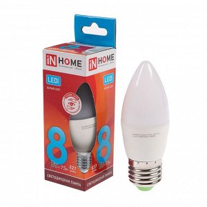 Лампа светодиодная IN HOME LED-СВЕЧА-VC, Е27, 8 Вт, 230 В, 4000 К, 600 Лм