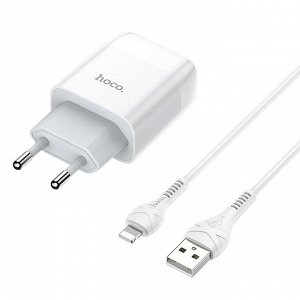 Сетевое зарядное устройство HOCO C72A Glorius single 1xUSB с Кабелем USB - Lightning, 2.1A, 10W, белый
