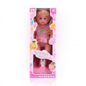 Кукла-младенец KING TIME "Малышка в платье с медвежонком" (30 см, свет, звук, пьёт, ходит на горшок, аксесс.)