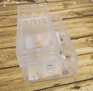 Органайзер Глубина 14 см, ширина 7 см, высота 4.5 см
Прозрачный пластик
Очень практичные органайзеры, которые можно просто поставить один на один. Они НЕ собираются как "матрешки", но это и удобно. Та
