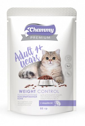 Chammy Premium для кошек склонных к набору избыточного веса, пауч с индейкой 85г*24