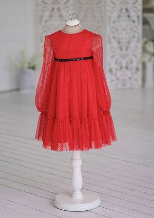 Платье из креп-сатиновой ткани, с верхним слоем мягкой сетки, цвет красный