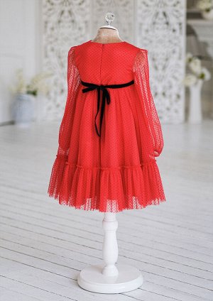 Платье из креп-сатиновой ткани, с верхним слоем мягкой сетки, цвет красный