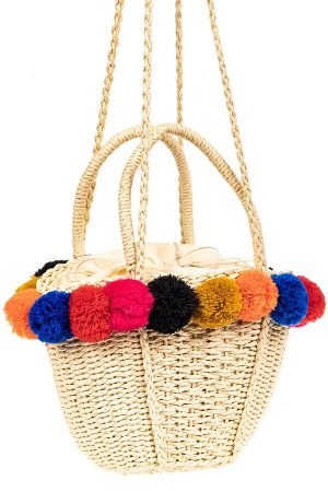 Плетеная сумка-корзинка из джута с помпонами, цвет слоновой кости