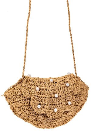 Плетеная сумка кросс-боди из джута с декором бусинами, цвет крафт