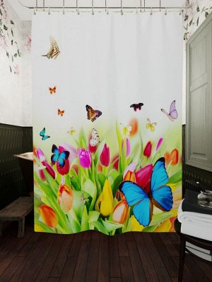 Фотоштора для ванной Бабочки на цветах