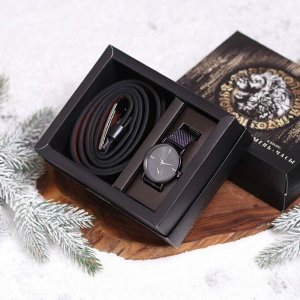 Мужской подарочный набор "С Новым годом!", наручные часы и ремень (122х3,7 см)
