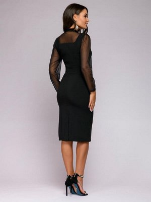 Платье-футляр черное длины миди с рукавами из фатина