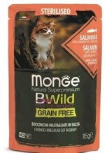Влажный корм Monge Cat BWild GRAIN FREE для стерилизованных кошек, беззерновой, из лосося с креветками и овощами, паучи 85 г