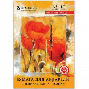 Папка для акварели БОЛЬШОГО ФОРМАТА (297х420 мм) А3, 10 л., 200 г/м2, бумага ГОЗНАК "Холст", BRAUBERG, 125222