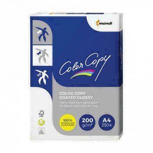 Бумага COLOR COPY GLOSSY, мелованная, глянцевая, А4, 200 г/м2, 250 л., для полноцветной лазерной печати, А++, Австрия, 139% (CIE), A4-27761