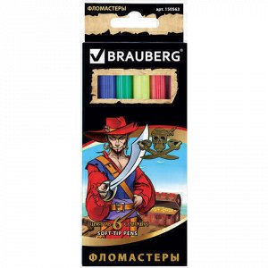 Фломастеры BRAUBERG "Корсары", 6 цветов, вентилируемый колпачок, картонная упаковка с золотистым тиснением, 150563