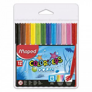 Фломастеры MAPED (Франция) "Color'peps Ocean", 12 цветов, смываемые, вентилируемый колпачок, упаковка, европодвес, 845720