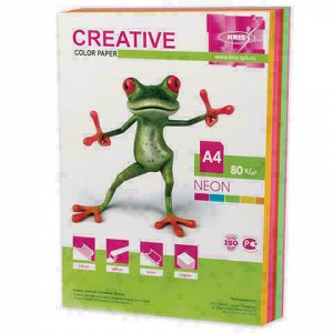 Бумага цветная CREATIVE color, А4, 80 г/м2, 250 л., (5 цветов х 50 листов) микс неон, БНpr-250r