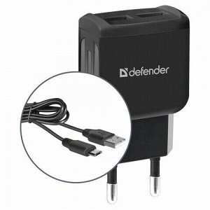 Зарядное устройство сетевое (220 В) DEFENDER UPC-21, кабель microUSB 1 м, выходной ток 2,1 А, черное, 83581